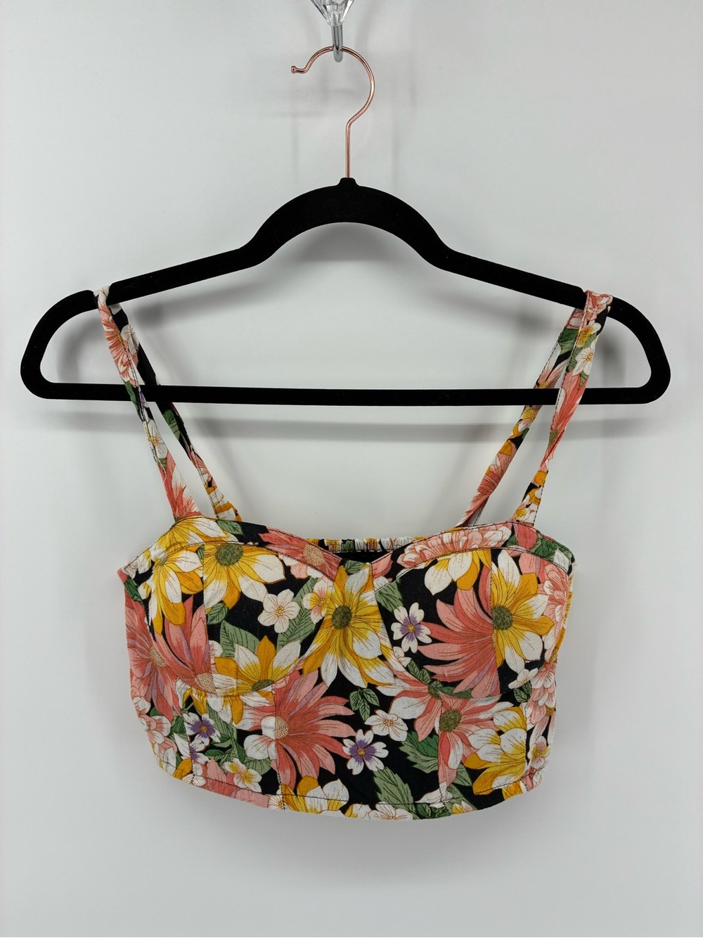 Floral Print Padded Crop Tank Top - Pink, Yellow & White - Picture 1 of 9